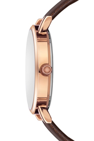 Relógio de quartzo em couro - Castanho e dourado-rosa