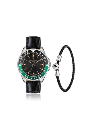 Coffret relógio de quartzo em couro, prata íon e bracelete em couro Olympe 