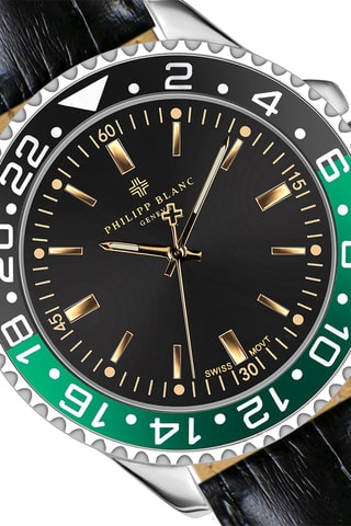 Coffret relógio de quartzo em couro, prata íon e bracelete em couro Olympe 