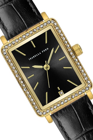 Coffret relógio de quartzo em couro, banhado íon ouro amarelo e diamantes e colar Adélaïde