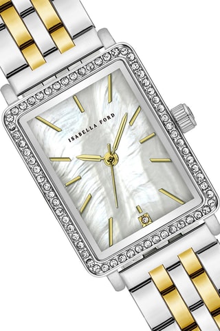 Coffret relógio de quartzo em íon ouro amarelo, prata, madrepérola e diamantes e pulseira rígida Agathe