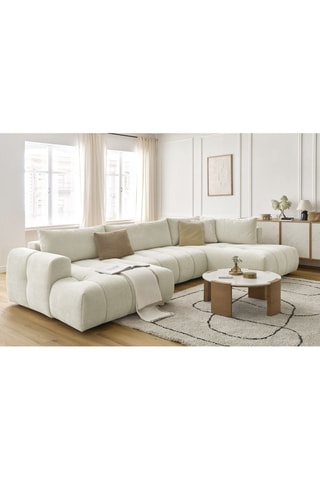 Canapé d'angle gauche panoramique convertible Fugi - Beige - 5 places - Tissu toucher lisse - Couchage 324 x 135 cm