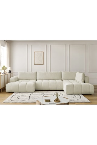 Canapé d'angle gauche panoramique convertible Fugi - Beige - 5 places - Tissu toucher lisse - Couchage 324 x 135 cm