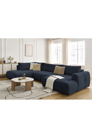 Canapé d'angle droit panoramique convertible Fugi - Bleu foncé - 5 places - Tissu toucher lisse - Couchage 324 x 135 cm