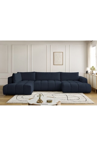 Canapé d'angle droit panoramique convertible Fugi - Bleu foncé - 5 places - Tissu toucher lisse - Couchage 324 x 135 cm