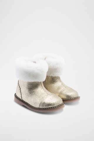 Gevoerde Leren en Schapenwollen Enkellaarzen - Goudkleurig en Wit 