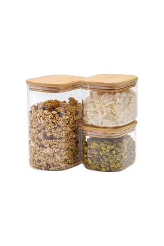 3 frascos em vidro borossilicato com tampa em bambu - 2 x 1 l e 1 x 2 l