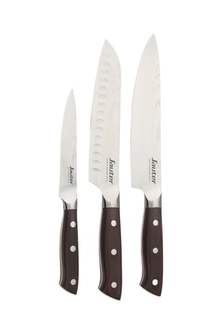 3 facas em aço inoxidável e madeira