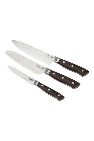 3 facas em aço inoxidável e madeira