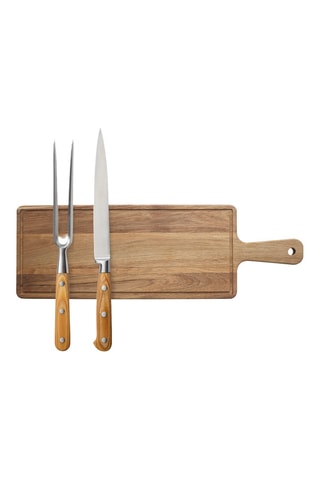 Tábua de madeira e 2 utensílios de aço inoxidável