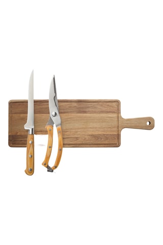 Tábua de madeira e 2 utensílios de aço inoxidável
