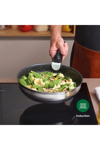 3 panelas, 2 frigideiras em aço inoxidável revestimento cerâmica e 1 pega amovível