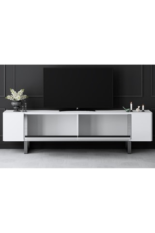 Meuble TV 2 abattants Yildiz - Blanc et argenté