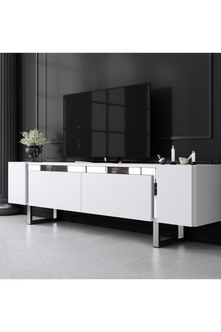 Meuble TV 2 abattants Yildiz - Blanc et argenté