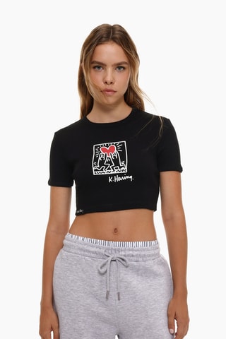 T-shirt cropped Keith Haring - Noir