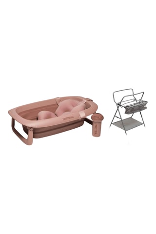 Ensemble de bain 3 pièces et support de baignoire pliable - Rose