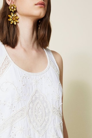 Robe midi en dentelle - Blanc et beige