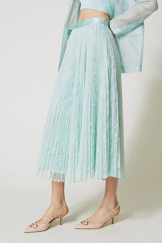 Jupe plissée taille haute en dentelle - Bleu-vert