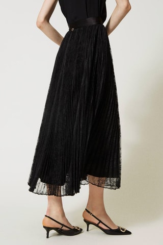Jupe plissée taille haute en dentelle - Noir