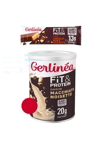 Milk-shake protéiné Macchiato Noisette et 5 x barres protéinée chocolat noir et cacahuètes - 340 et 45 g