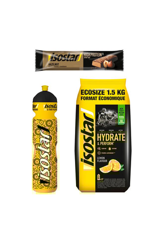 30 x Barres High Protein noisette, 1 x Poudre hydratante citron et gourde
