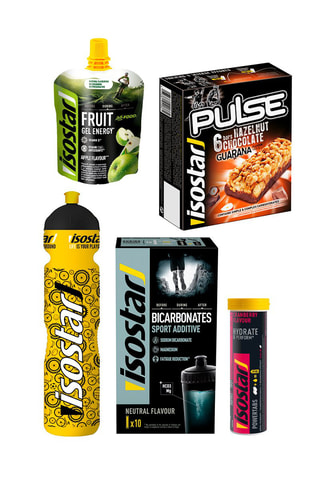 6 x 10 cachets hydratation cranberry, 3 x Barres énergétiques noisette choco, 2 x 10 sachets bicarbonates, 6 x Gels énergétiques pomme et gourde