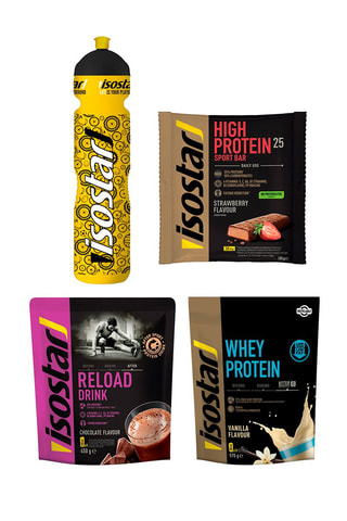1 x Boisson énergisante vanille, 1 x Poudre after sport choco, 5 x Barres High Protein fraise et gourde - 570 g / 450 g / 105 g / 1 l