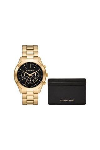 Set Stalen Quartz Horloge - Chronograaf en Pasjeshouder - Goudkleurig en Zwart