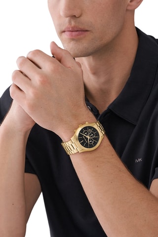 Set Stalen Quartz Horloge - Chronograaf en Pasjeshouder - Goudkleurig en Zwart