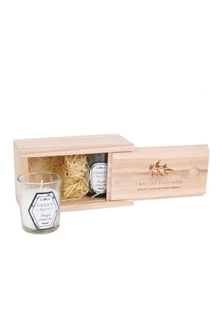 2 bougies et coffret en bois - Orchidée blanche et fleurs de printemps