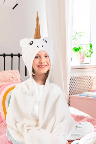 Plaid licorne à capuche - Blanc et doré - 90 x 110 cm
