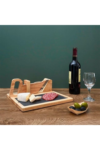 Trancheuse à charcuterie en bois et ardoise - 29,2 x 28,2 x 11,8 cm