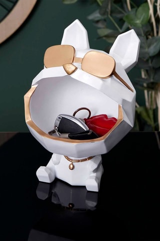 Escultura Cão com óculos Branco e dourado - 23 cm