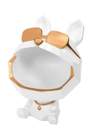 Escultura Cão com óculos Branco e dourado - 23 cm