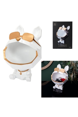 Escultura Cão com óculos Branco e dourado - 23 cm