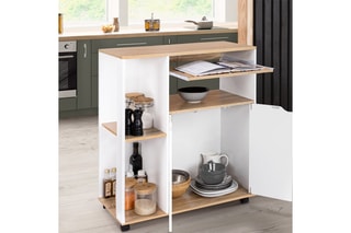 Desserte de cuisine sur roulettes - Blanc et imitation bois