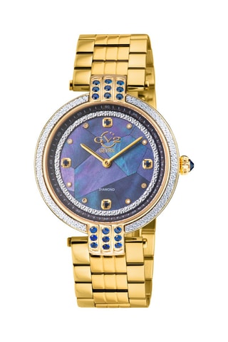 Montre à quartz en acier doré à l'or fin jaune, nacre et diamants Matera