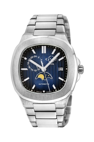 Montre automatique en acier SW285-1A - Fonction GMT et compteur phases de la  lune - Argenté et bleu