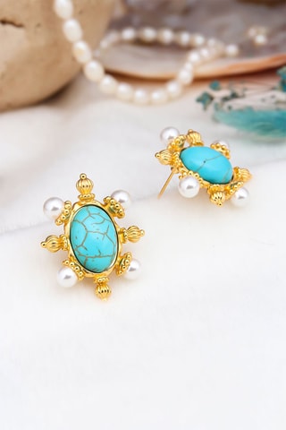 Boucles d'oreilles dorées à l'or fin jaune - Perles et turquoises
