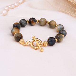 Bracelet - Laiton plaqué or & améthyste & oeil de tigre