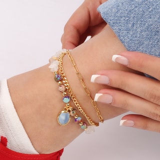 Bracelet de cheville - Laiton plaqué or, pierre de lune & opale bleue