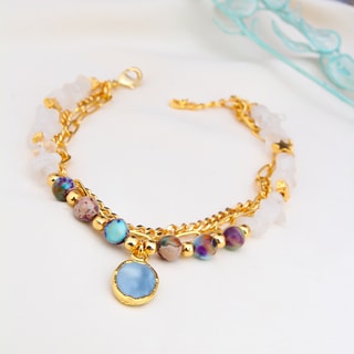 Bracelet de cheville - Laiton plaqué or, pierre de lune & opale bleue