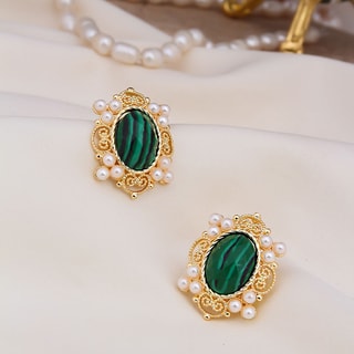 Boucles d'oreilles - Laiton plaqué or, malachite & perle 