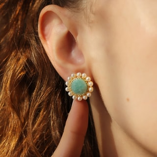 Boucles d'oreilles - Laiton plaqué or, amazonite & perle