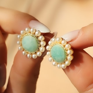 Boucles d'oreilles - Laiton plaqué or, amazonite & perle