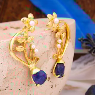 Boucles d'oreilles - Laiton plaqué or, saphir & perle