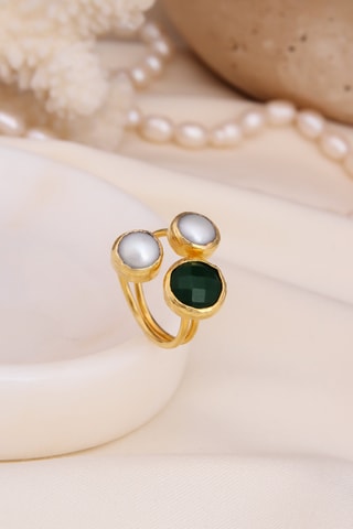 Bague – Plaqué or jaune, agate et perles de culture