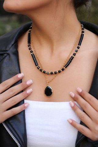 Collier doré à l'or fin jaune - Onyx et œils-de-tigre