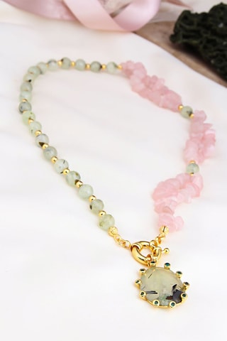 Collier doré à l'or fin jaune - Prehnites et quartz