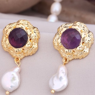 Boucles d'oreilles - Laiton plaqué or, améthyste & perle